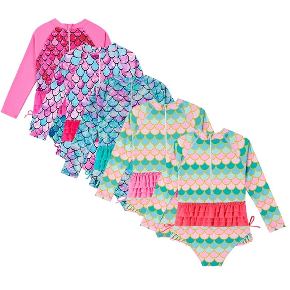 Kkkded Baby Toddler Girls One Piece Bathing Suit Long Sleeve Quick Dry Swimsuits Sun Screen Printed Swimwear Rash Guard Set for Kids 1-5 Years