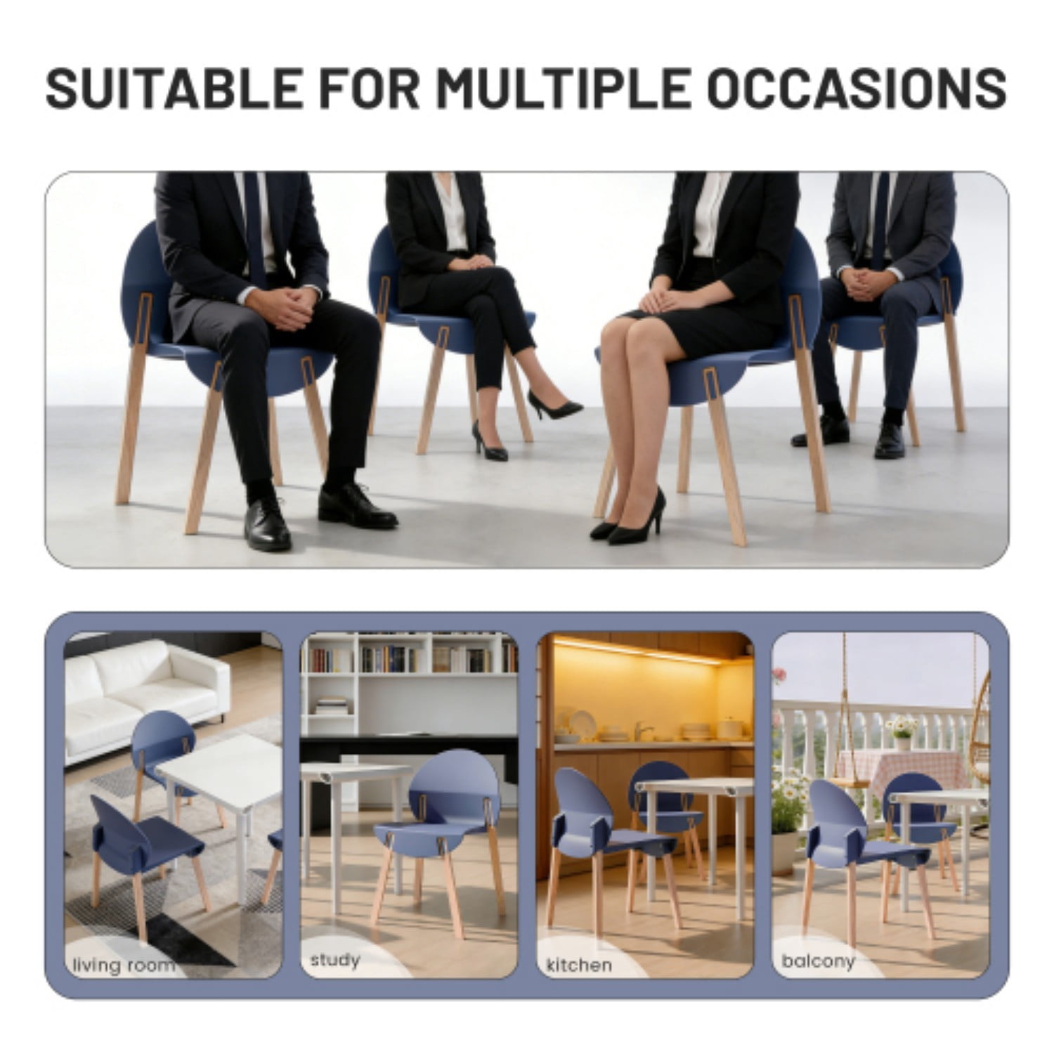 Dining Chairs Set of 4, Modern Kitchen Chairs with PP Seats & Solid Red Oak Wood Legs, 330 lb Capacity, Indoor Dining Room Living Room Chairs, Gray Blue