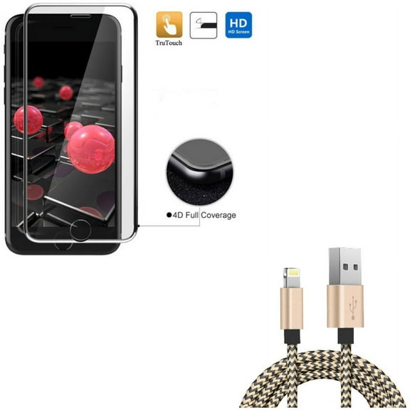 iPhone 8/7/6S/6 - Tempered Glass Screen Protector w 6ft USB Cable - 4D Touch Curved Edge Full Cover Bubble Free Soft Edge Hybrid, Charger Cord Power Wire Sync for iPhone 8/7/6S/6