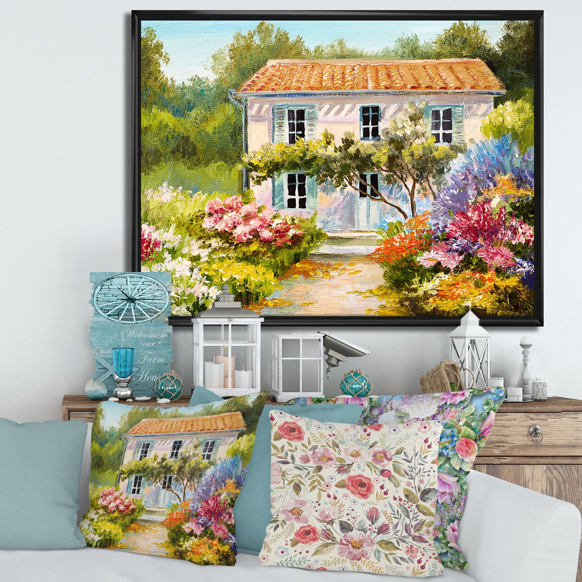 The Mountain With Flowers With Little House II 20 in x 12 in Framed Painting Canvas Art Print, by Designart