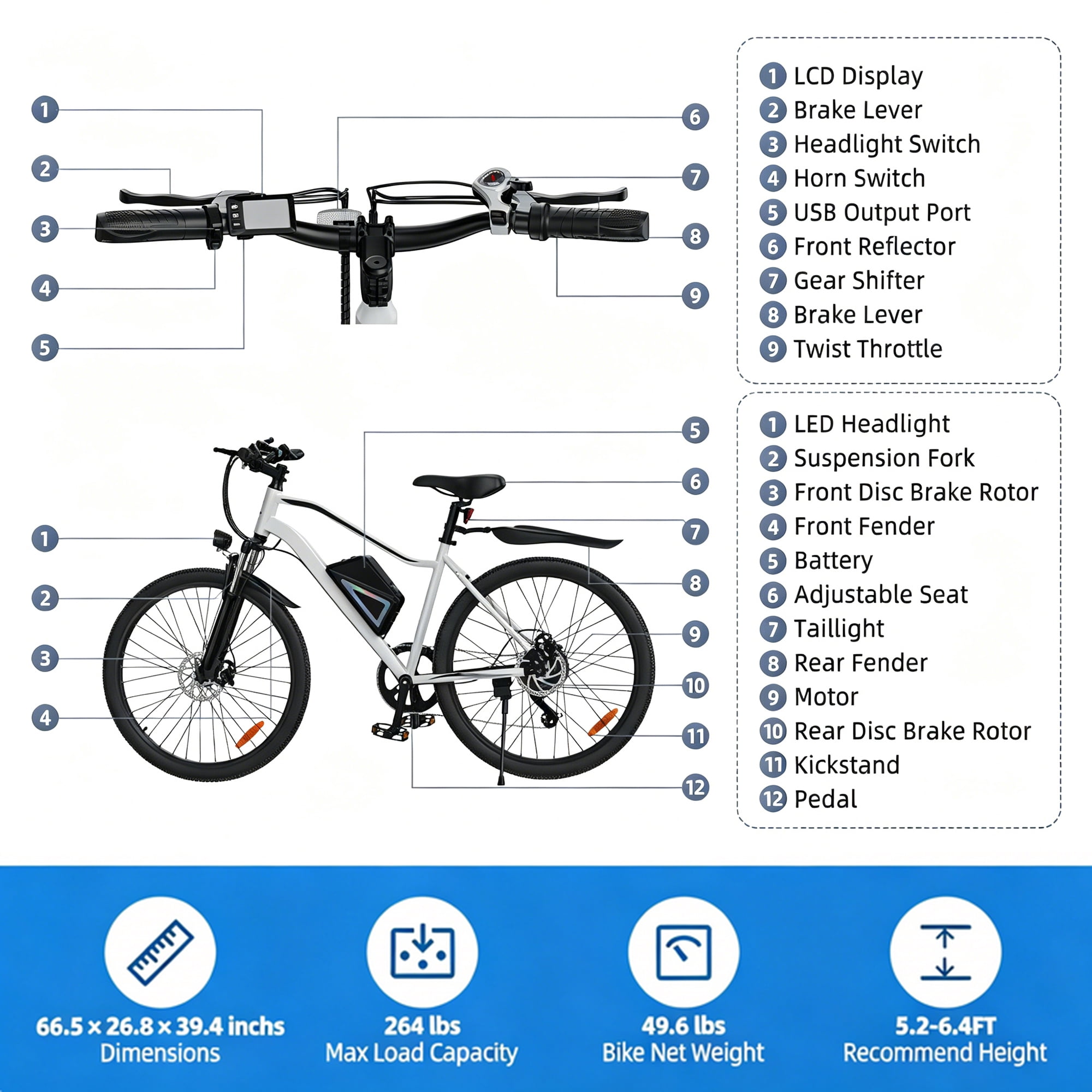 500W Peak Electric Bicycles-Adult Electric Mountain Bike with 5-Speed,30+ Miles Range, 26" Ebike for Beach Snow