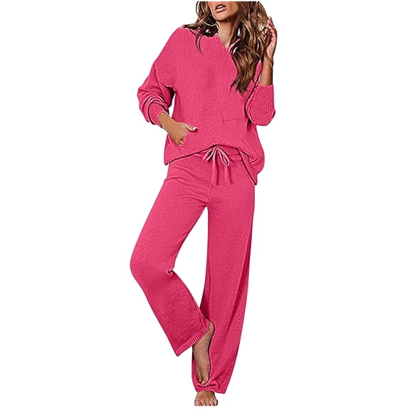 Jacenvly Womens Sweatpants Solid Thickened Warm Tracksuits Suit Hooded Pocket Pullover Elastic Waisted Sweatpants Loose Casual 2-Piece Sets Pink