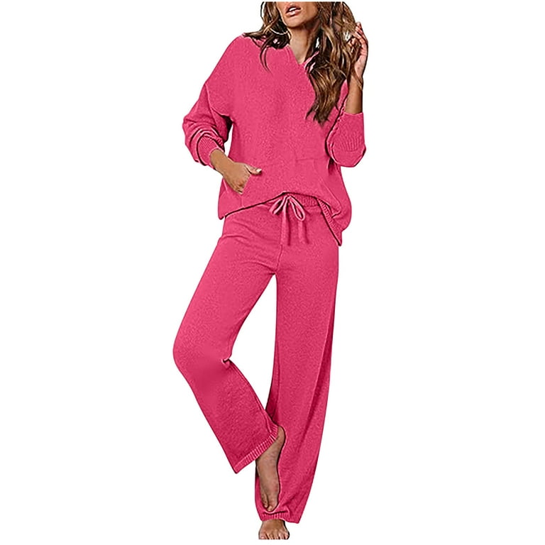 FAIWAD Women's 2 Piece Knit Outfits Long Sleeve Hoodies Pocket Top with Wide  Leg Pants Lounge Sweater Set 