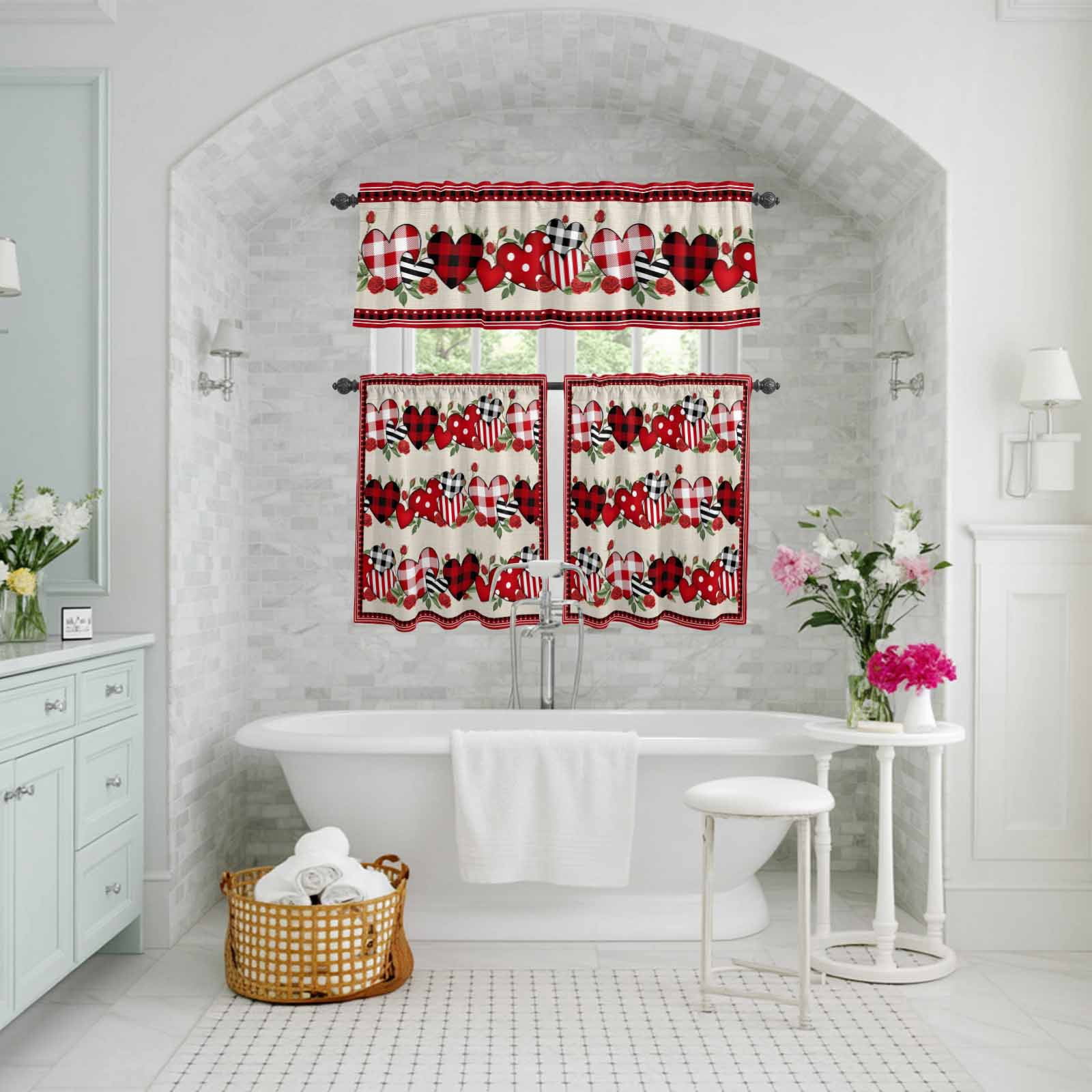 Kitchen Window Curtains Valance and Tier Set, Valentine's Day Love Rose Flower Rod Pocket Tier Curtains and Valance 3 Piece Set, Red Plaid Retro Linen Window Treatment for Bedroom Living Room
