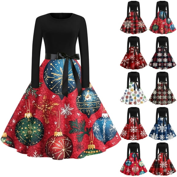 Christmas Dresses for Women Women's Fashion Round Neck Casual Slim Christmas Printed Long Sleeve Dresses for Christmas Party,Blue,L