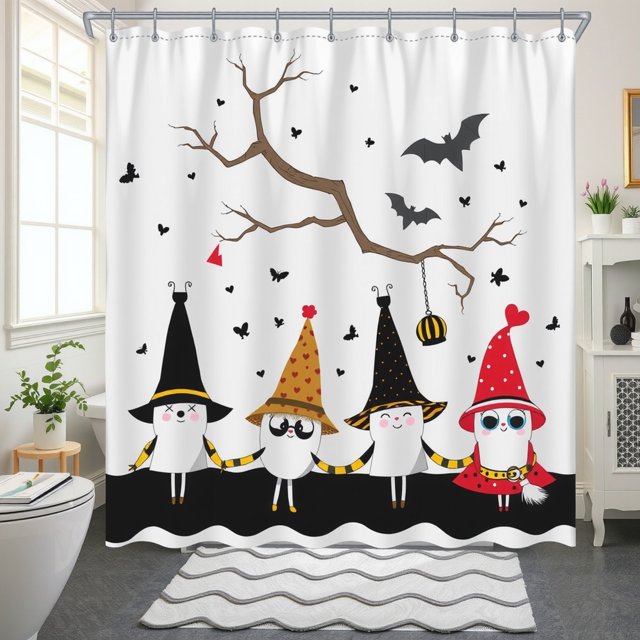 Whimsical Halloween Shower Curtain with Friendly Ghosts & Bats for Festive Decor!
