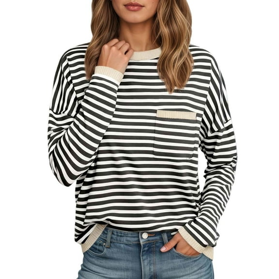 Color Block Stripe Long Sleeve Women T Shirts Fashion Patchwork Crew Neck Loose Fit Pullover Tops With Pocket