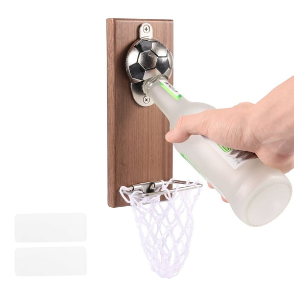 Grusce Unique Magnetic Bottle Openers with Netting Catcher, Football Wall Mounted Wooden Beer Bottle Opener, Traceless Corkscrew, Home Bar Accessories for Kitchen, Outdoor, Ideal Beer Gifts for Men