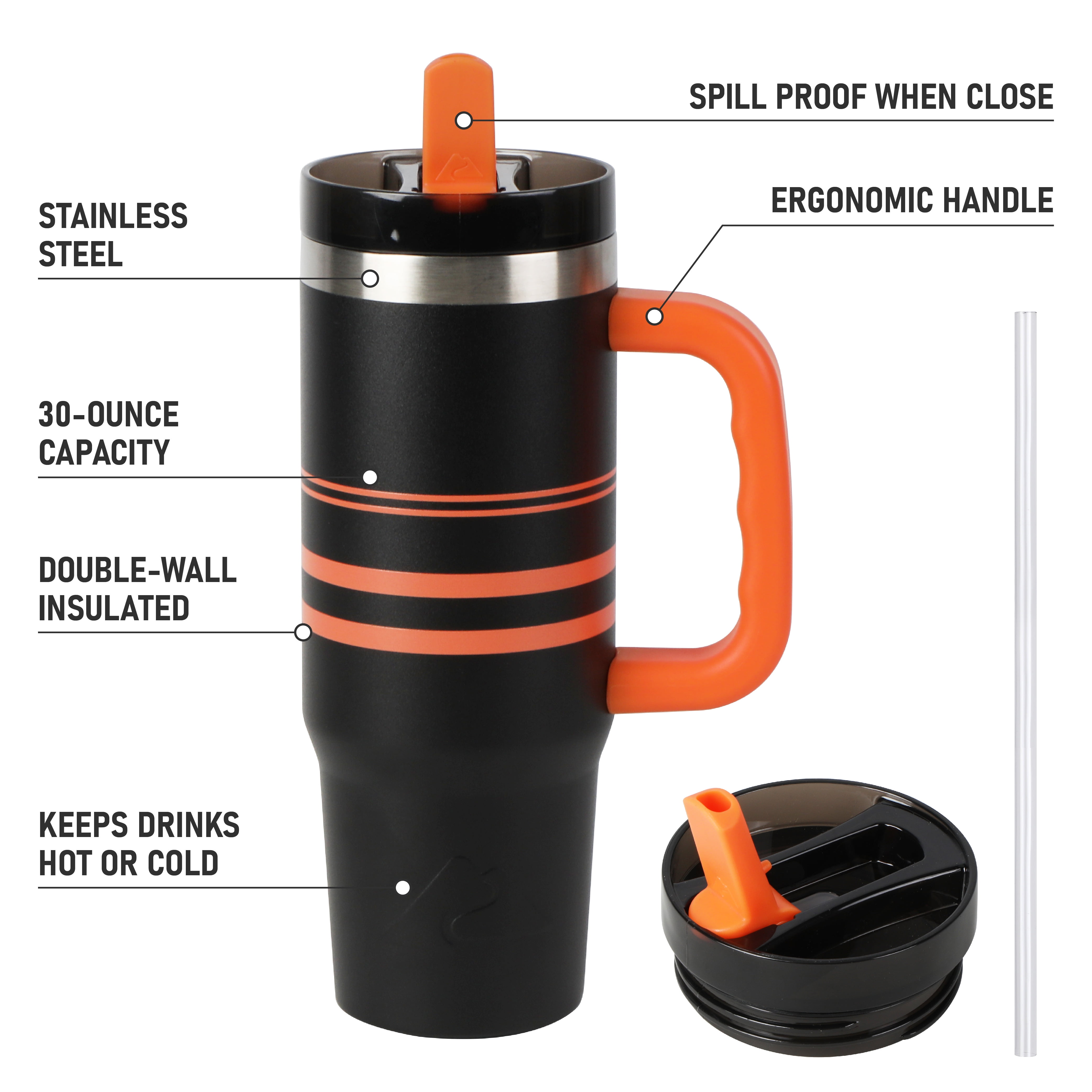 Ozark Trail 30 oz Stainless Steel Insulated Varsity Tumbler with Handle, Black and Orange Stripe