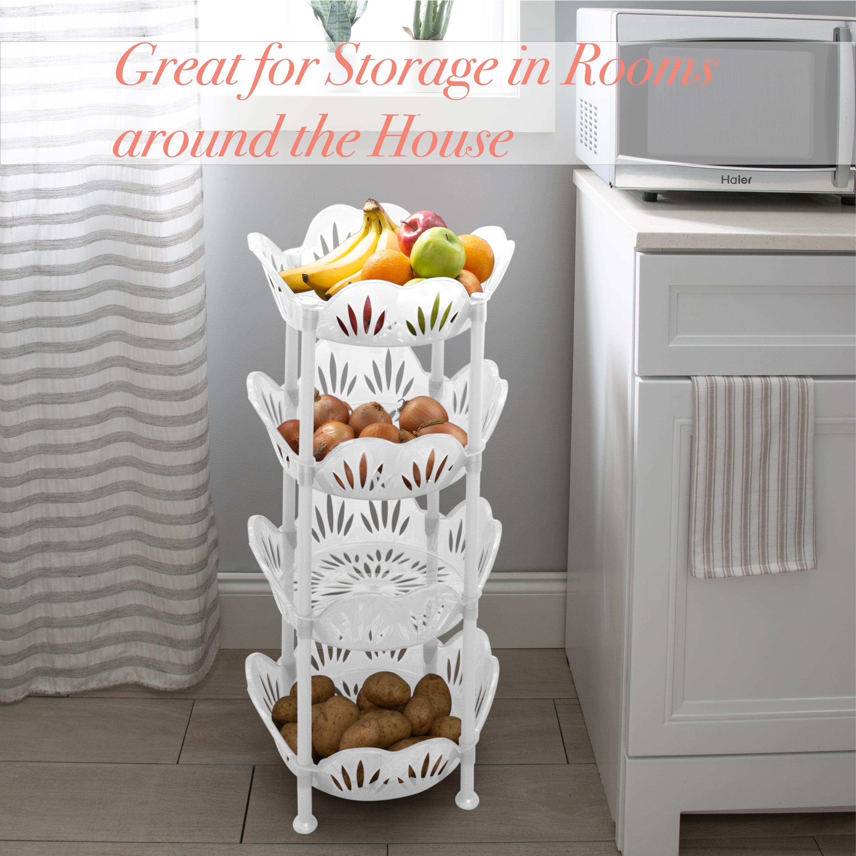Kitchen Details 4 Tier Large Plastic Basket Shelf Organizing Rack, White
