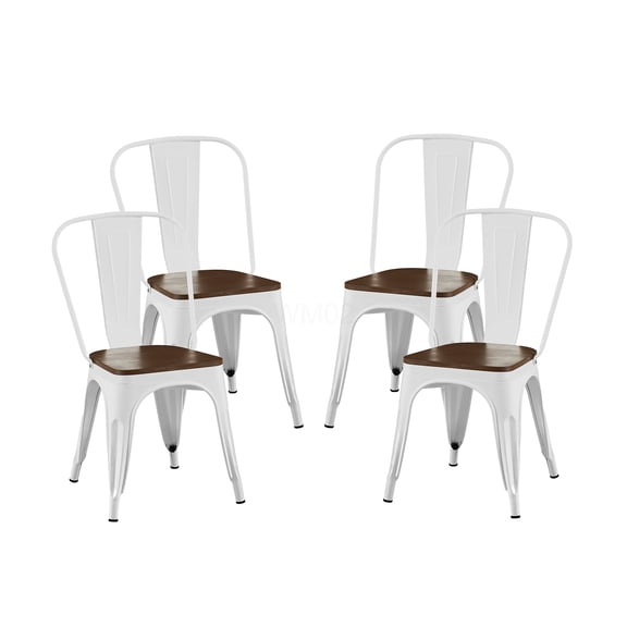 COSMOS Set of 4 Industrial Stackable Dining Chairs, White Metal Frame with Walnut Seat, Modern Kitchen & Patio Furniture
