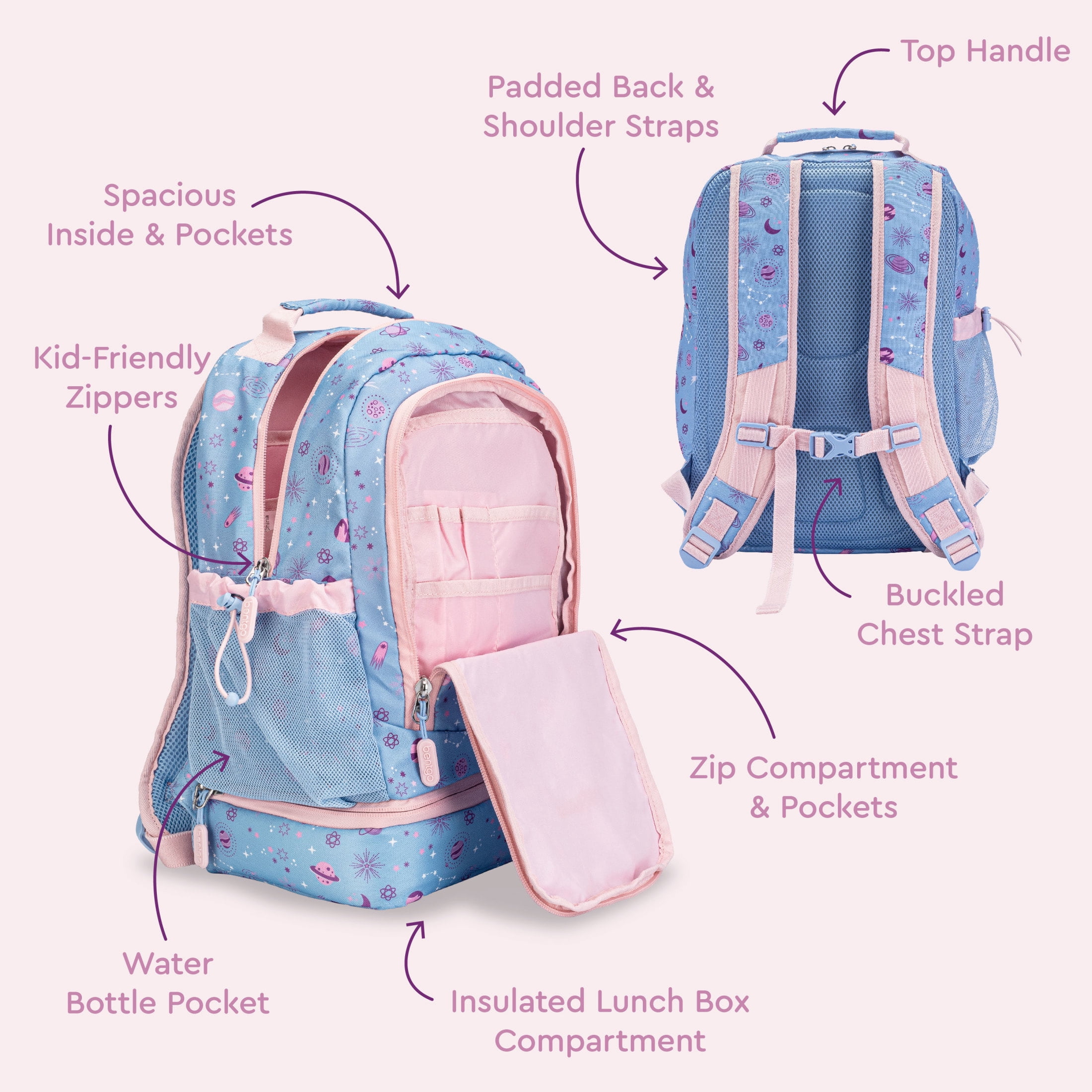 Bentgo Kids Prints 2-in-1 Backpack & Insulated Lunch Bag - Lavender Purple Galaxy