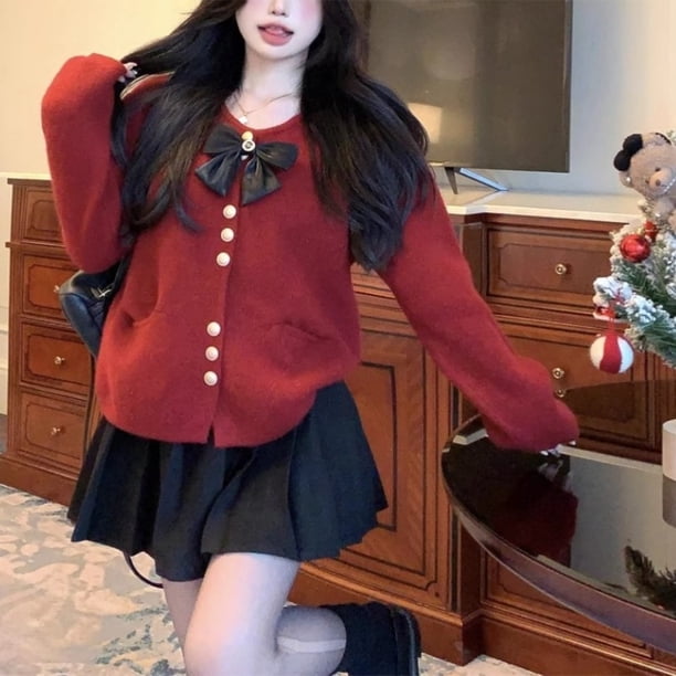 Chaqueta tipo suéter con decoración de lazo estilo Chanel de estilo coreano para otoño e invierno, cárdigan de punto de estilo suave de manga larga para mujer