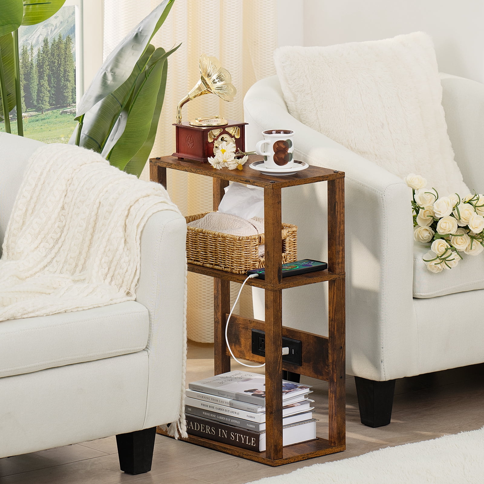 Narrow Side Table with Charging Station, 3 Tier Slim End Table with Storage Shelf for Small Spaces, Thin Tables Small Nightstand Magazine Rack for Bedroom, Brown