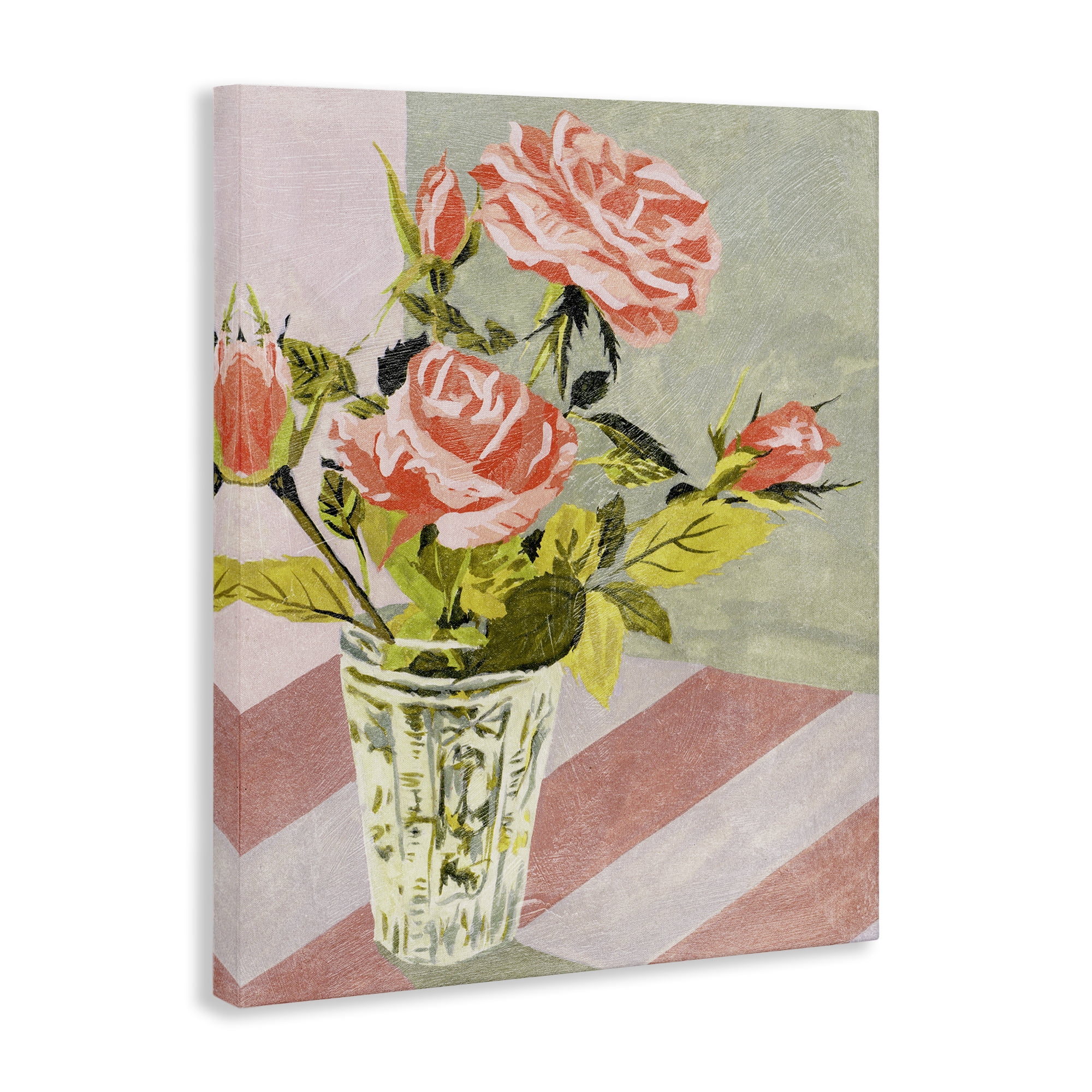 Stupell Industries Pink Roses on Stripes Plants & Flowers Painting Wrapped Canvas Art Print Wall Art, 16 x 20
