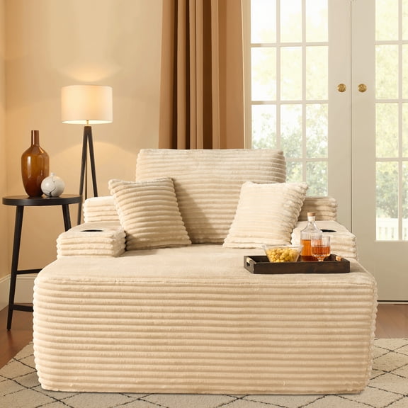 ODELIO 67" Oversized Boneless Chaise Lounge Chair, Indoor Cloud Plush Corduroy Sleeper Couch with Cup Holders, Deep Seat Floor Sofa Bed for Living Room, No Assembly Requiredy, Beige