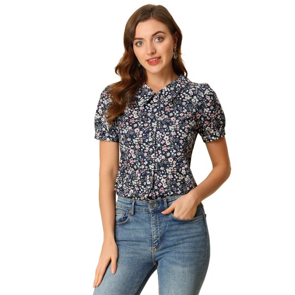 DARING DIVA Women's Turndown Collar Button Down Floral Blouse XS Dark Blue