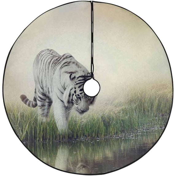FMSHPON White Tiger Near a Pond Xmas Christmas Tree Skirt Stand Mat for Holiday Party Decoration Indoor Outdoor 36 inches