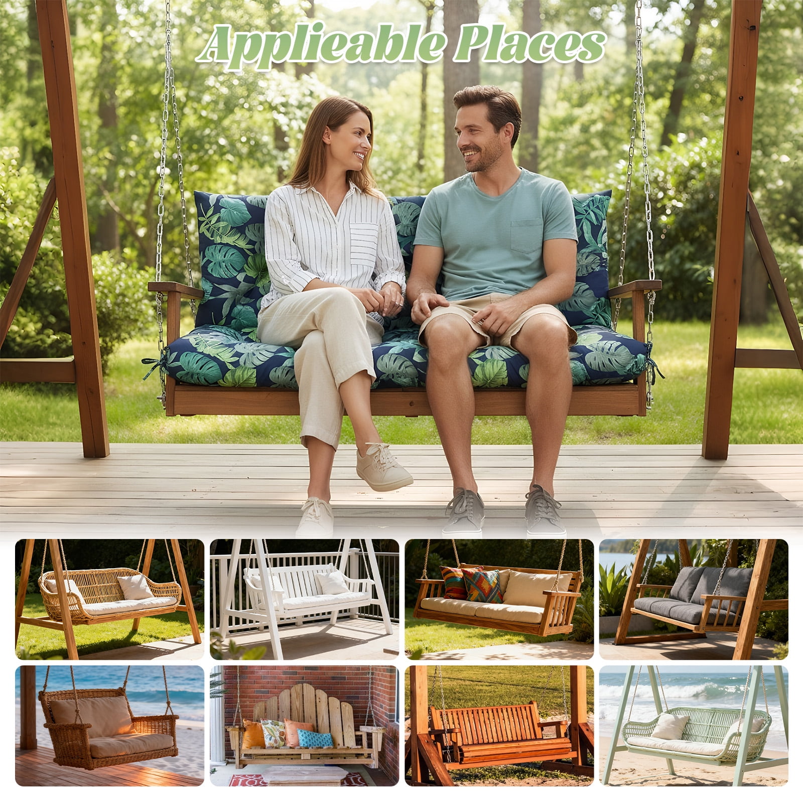 Eurhowing Outdoor Bench Cushion Waterproof, 40"x40"x4" Thick Patio Swing Chair Cushions with Ties, All-Weather High Density Foam Seat Pad for Porch Garden Furniture, Leaves