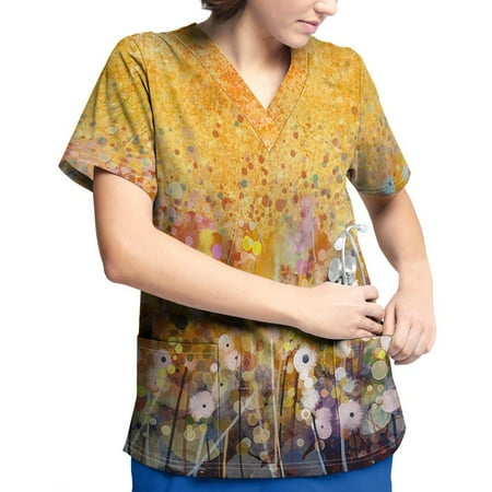 

Huachen Plus Size Printed Scrub Working Uniform Tops For Womens Summer 2023 V-Neck Short Sleeve T-Shirts Workwear Tee With Pockets