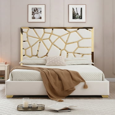 Serenity King Velvet Bed with Gold Metal Frame in Cream Color