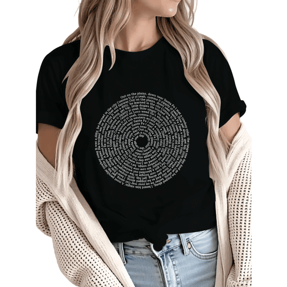 Women Spiral Song Lyrics Circular Text Graphic Comfortable Tees T Shirt Tops Round-neck Printed Cotton T-Shirt Black S-5XL