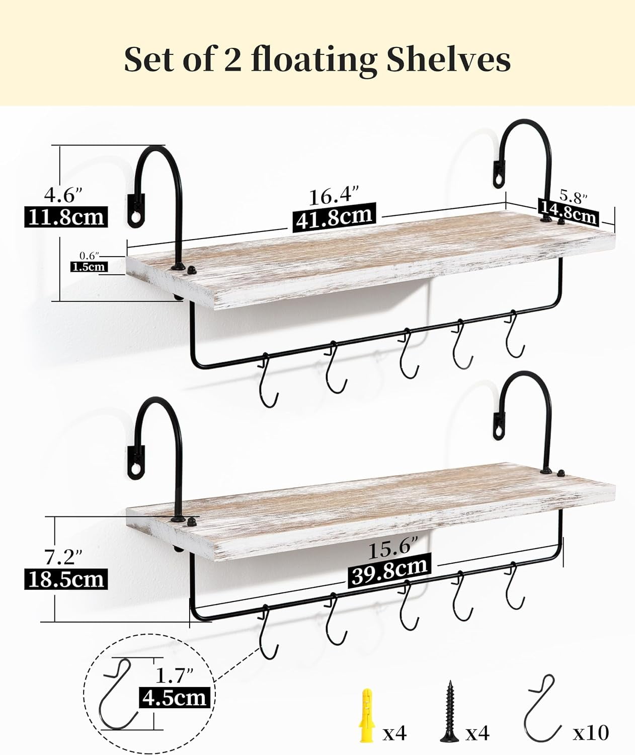 Afuly Wall Shelf with Hooks, Solid Wood Coffee Mug Holder Coffe Bar Organizer, Wall Mounted Farmhouse Kitchen Storage Rack ( 16", Set of 2, White)