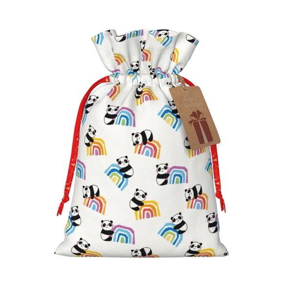 Honeii Panda And Rainbow Print Small Burlap Bags,Christmas Drawstring Treat Bags Gift Bags Reusable Candy Goodie Wrapping Bags for Holiday Party Favors Supplies -Medium