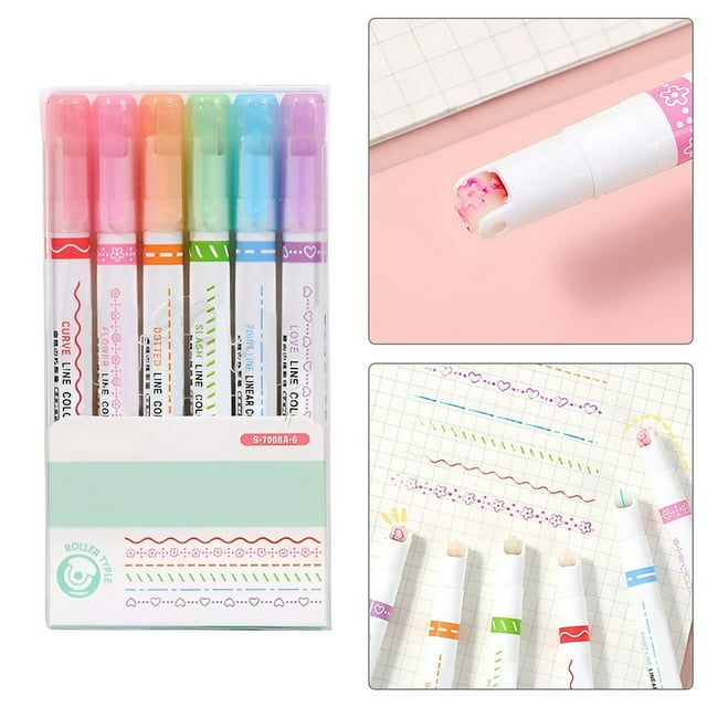6Pcs Highlighters Colorful Curve Pens Set Linear Color Pens 6 Different Curve Shapes 0.5mm Fine Point Quick Dry Curve Highlighter Pen for Writing Drawing
