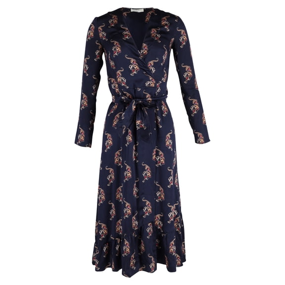 Pre-Owned Sandro Paris Printed Wrap Midi Dress in Navy Blue Silk