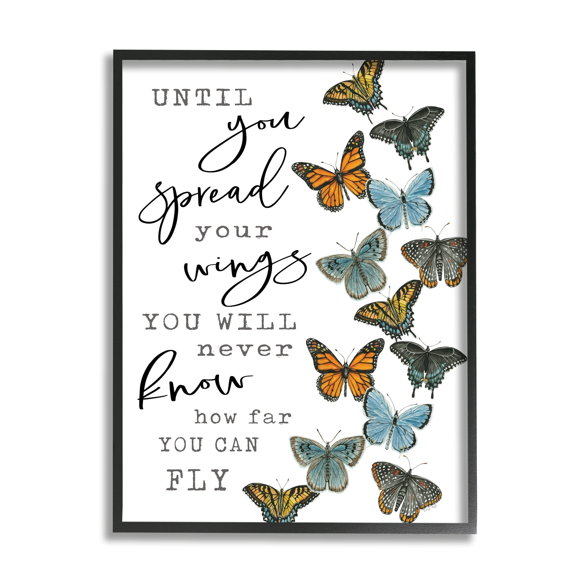 Stupell Industries Spread Your Wings Encouraging Butterflies Motivational Quote Graphic Art Gray Framed Art Print Wall Art, Design by Cindy Jacobs