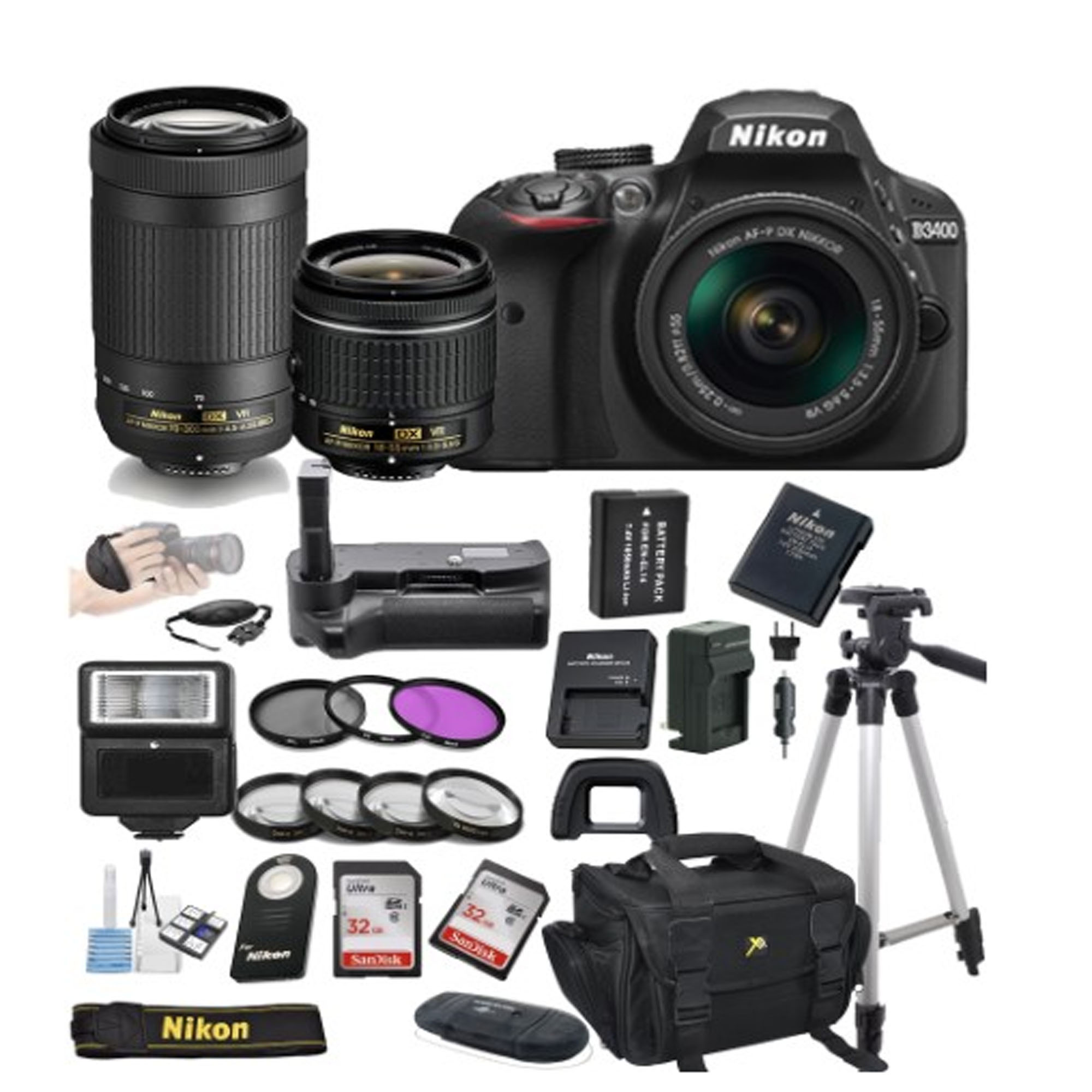 Nikon D3400 Digital SLR Camera & 18-55mm VR (Red) & 70-300mm