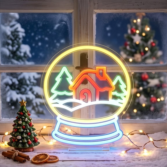 Christmas Neon Light, LED Snow Globe Neon Sign, USB Powered Wall Tabletop Decor for Xmas Party Home, 10.63 in