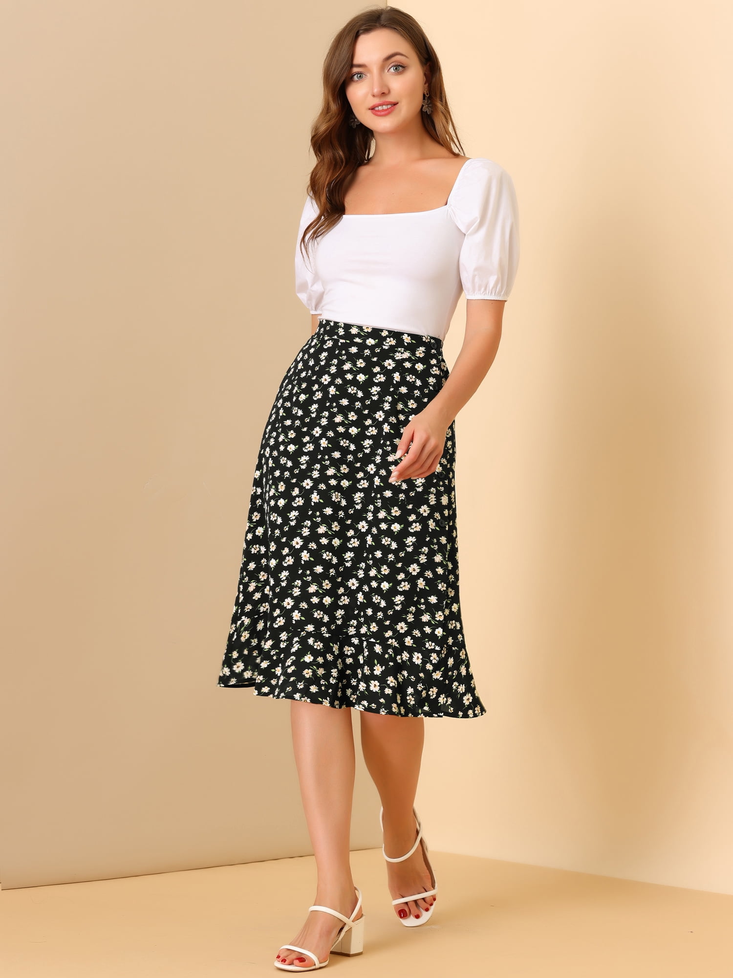 DARING DIVA Women's Floral Ruffle Hem Elastic Back Split Skirt XS Black