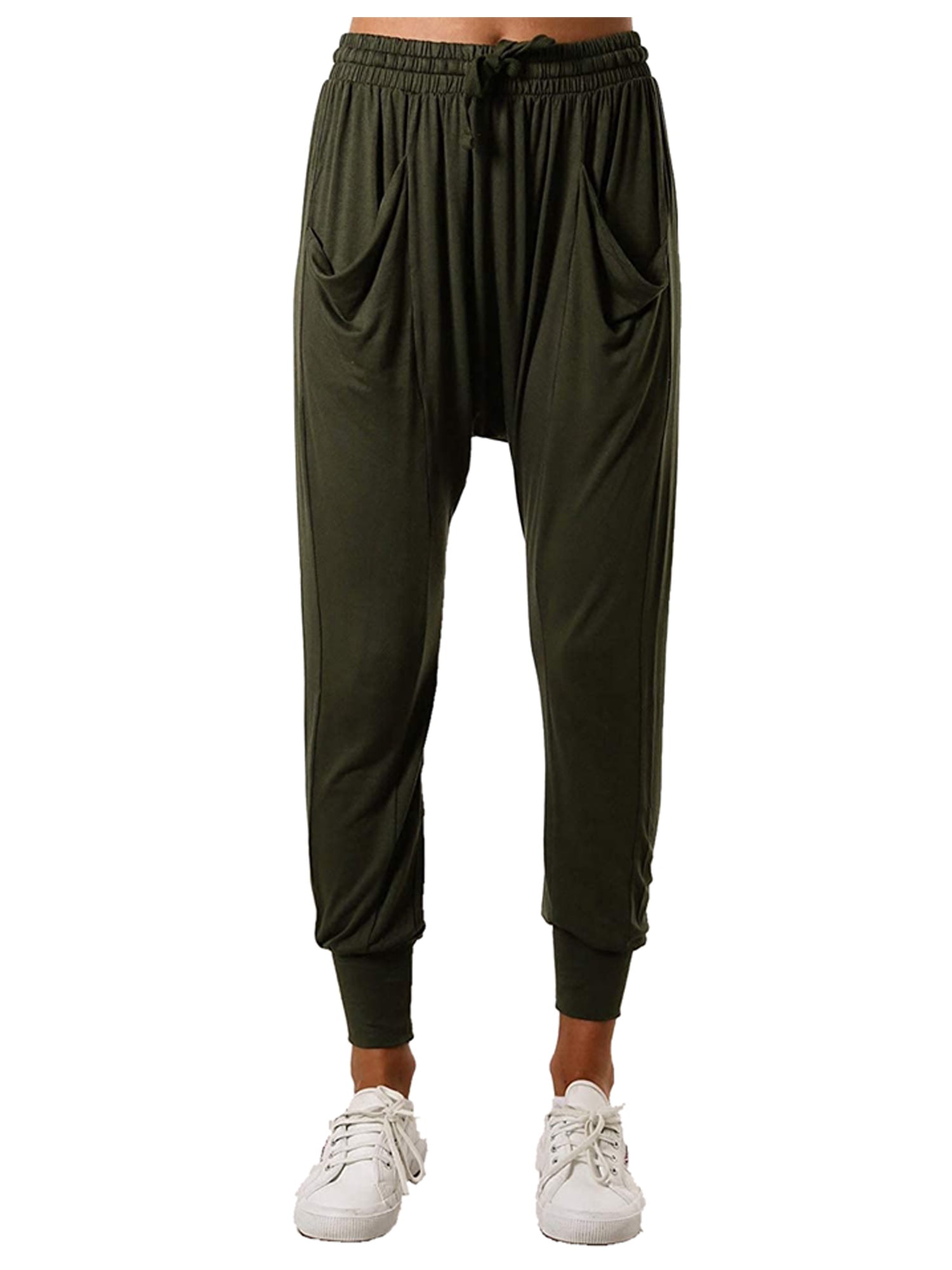 Eyicmarn - Womens Elastic Waist Loose Haren Joggers Workout Gym Lounge Pants Army Green