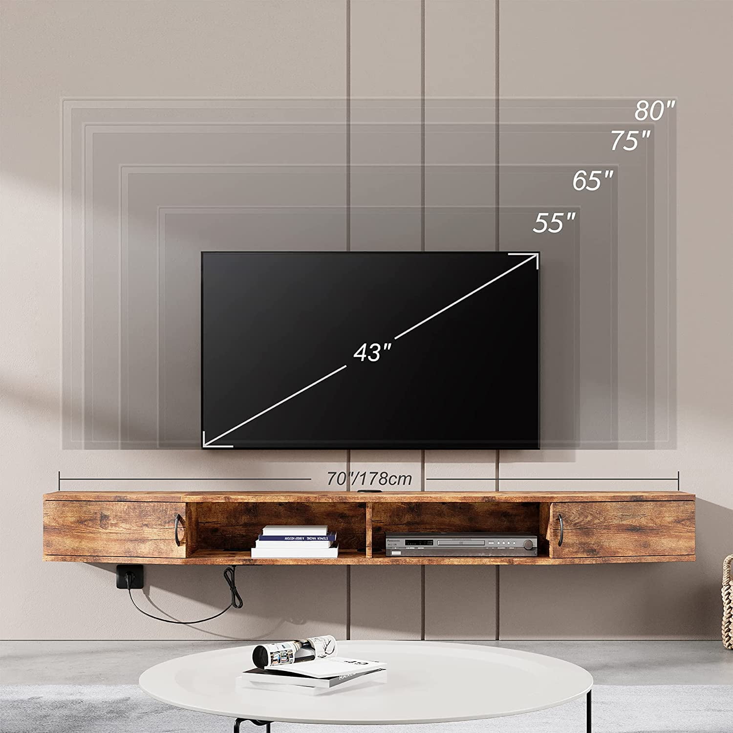 Wall Mounted Charging Station，Floating TV Stand Console with Door Cabinet for Living Room，Brown