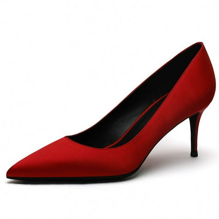 

YCNYCHCHY Women Office Shoes Red Black Silk Pump Sexy Luxury 6cm Thin Heels Pointed Toe Ladies Wedding Shoes Star Model Pumps Shoes