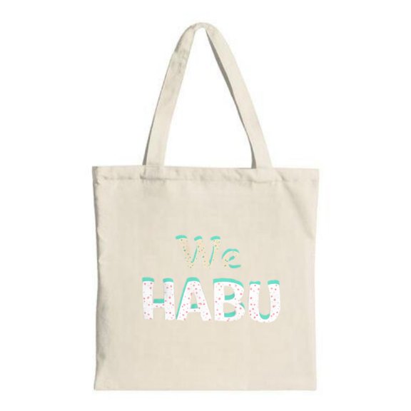 Colorful " We HABU " text with playful dotted accents on a background perfect for a multifunctional canvas tote bag for shopping and travel