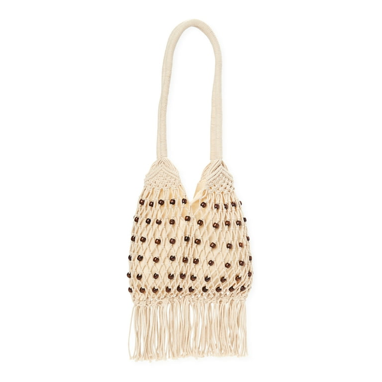 Womens Beaded Fringe Mini Basket Bag Natural