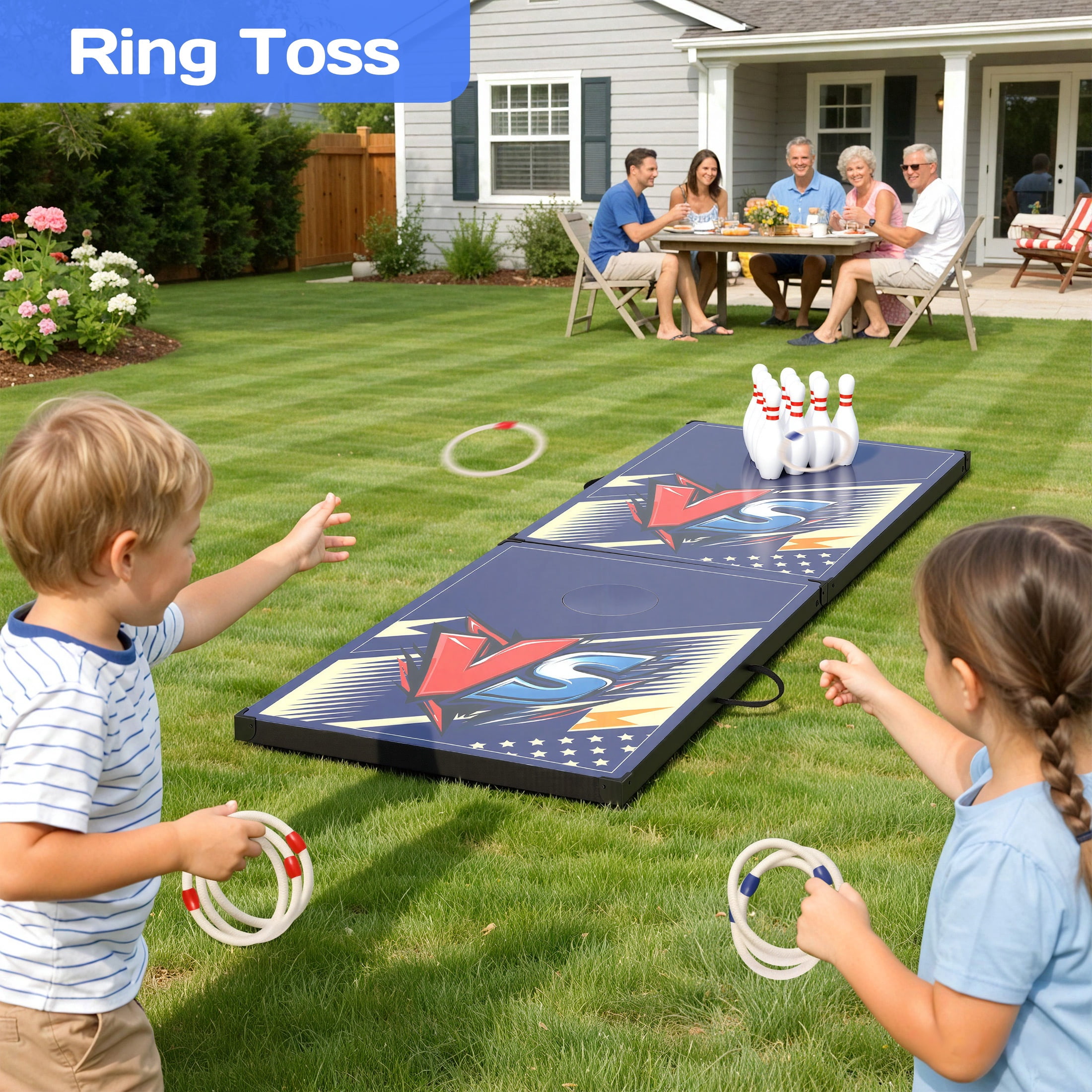 Portable Cornhole Sets with 8 Bean Bags, 3 in 1 Cornhole Boards Set with Ring Toss & Bowling Game, Segmart Wooden Cornhole Sets with Carrying Bags for Backyard, Beach, Party
