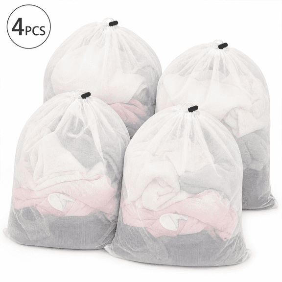 RYLZX 4 Pack Mesh Laundry Bags, 23 x 34 Inches Heavy Duty Mesh Laundry Bag, Large Laundry Drawstring Bag for College, Dorm, Travel, Family and Apartment Dwellers, White