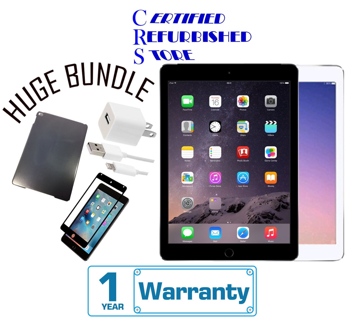 Apple iPad Air 2 16GB,32GB,64GB,128GB - Wifi - (Certified Open Box) with  1-Year Warranty | Bundle includes iPad Case & Pre-Installed Tempered Glass