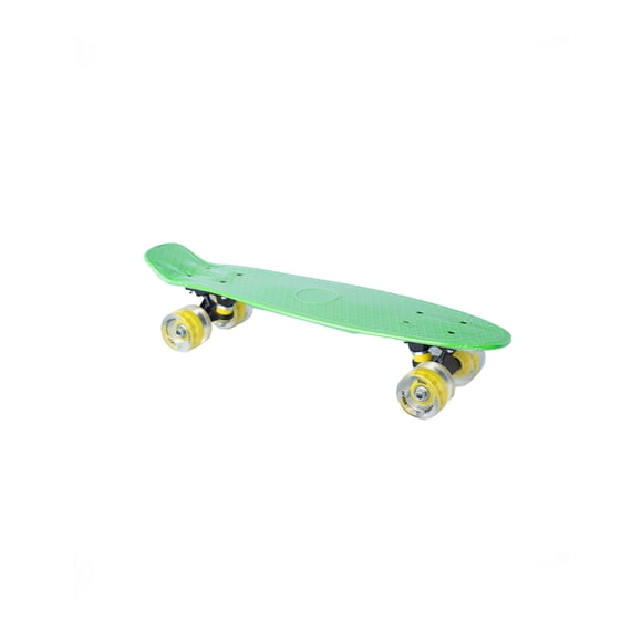 Patineta semiprofesional Display minicruiser tipo Penny deck verde trucks negros ruedas amarillas transparentes