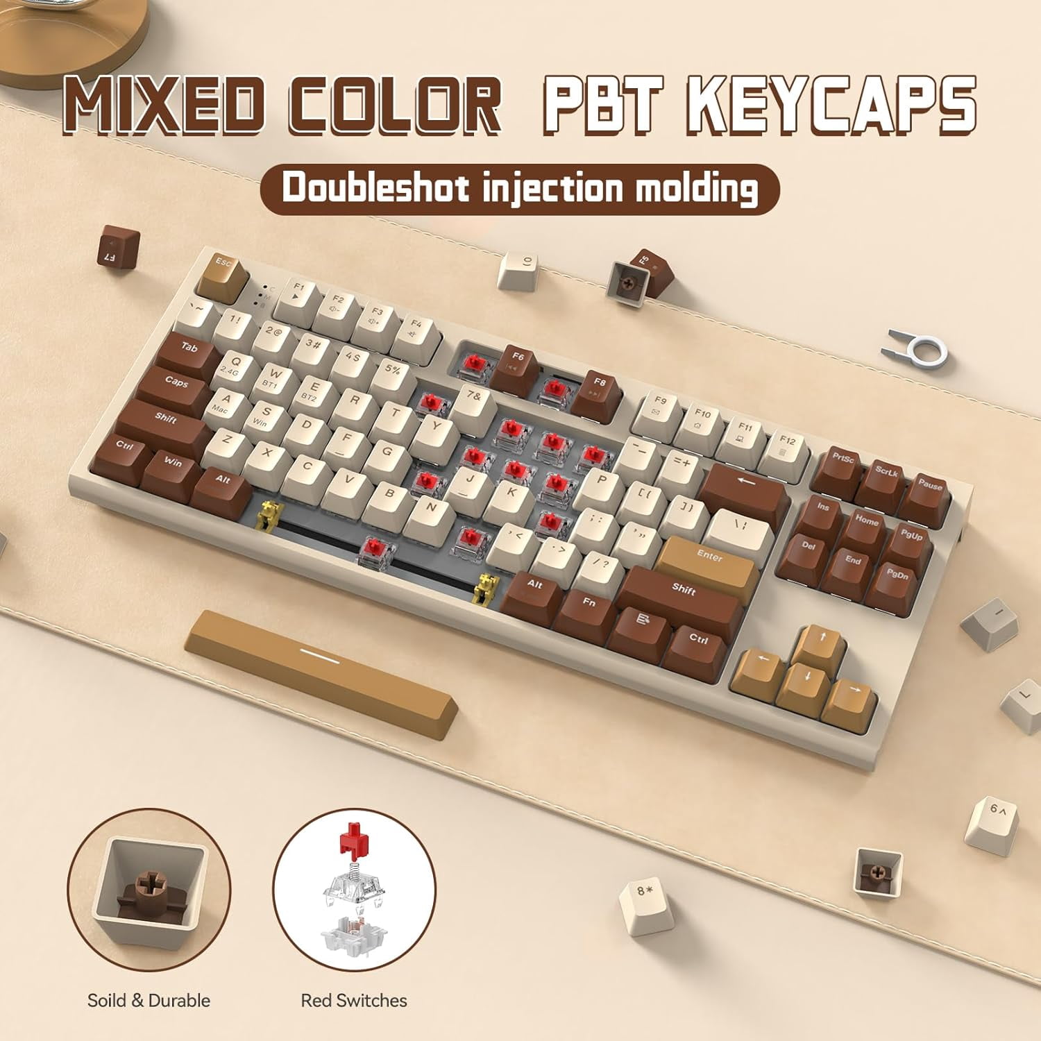 ZIYOULANG M88 Wireless Gaming Keyboard, Hot Swappable TKL Mechanical Keyboard, Bluetooth/2.4Ghz Dual Mode Connect, Type C/USB A 2-in-1 Receiver, 87 PBT Keycaps Red Switch for PC/MAC - Milk Tea