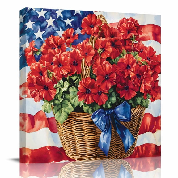 Canvas Print Wall Art Oil Paintings Independence Day USA Flag Poppy Picture Prints Artwork for Living Room Kitchen Bathroom Bedroom,Stretched and Framed Ready to Hang,Red Flower Basket Blue Bow