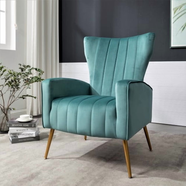 Silla de acento de terciopelo con patas de metal, sillón tapizado moderno, silla lateral de espalda para salón dormitorio pequeños espacios