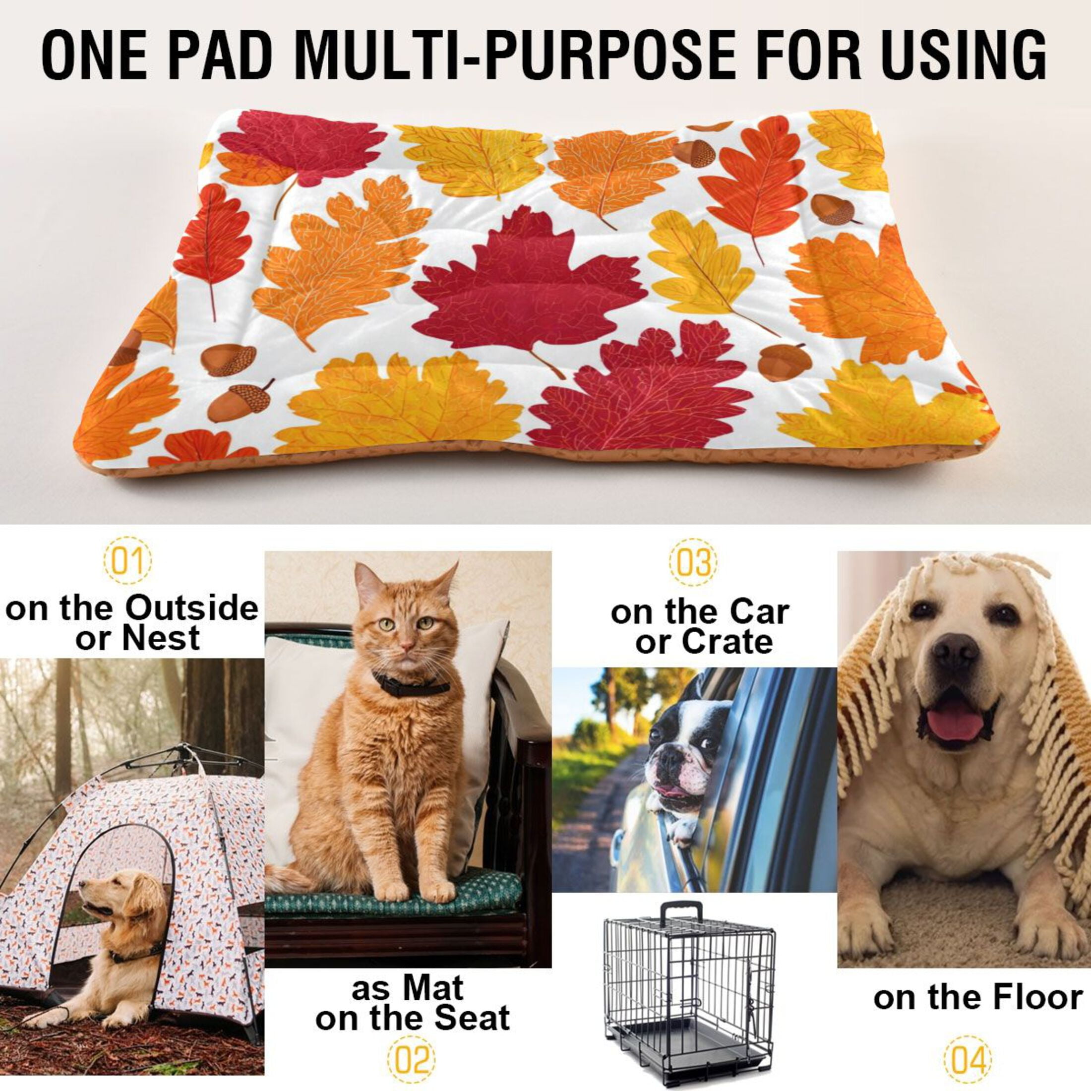 Cozy Mat Pet Bed Indoor Outdoor Warm Soft For Cat Dog Puppy(S/M) Red Orange Yellow Autumn Leaves