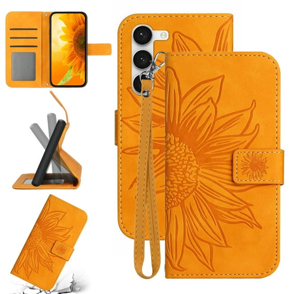Cowithday Flip Wallet Cover Case for Samsung Galaxy A55 5G Phone, A55 5G Cases for Cell Phones, PU Leather Embossed Sunflower Shockproof Kickstand Slim Case for Samsung A55 5G 6.5 inch, Yellow