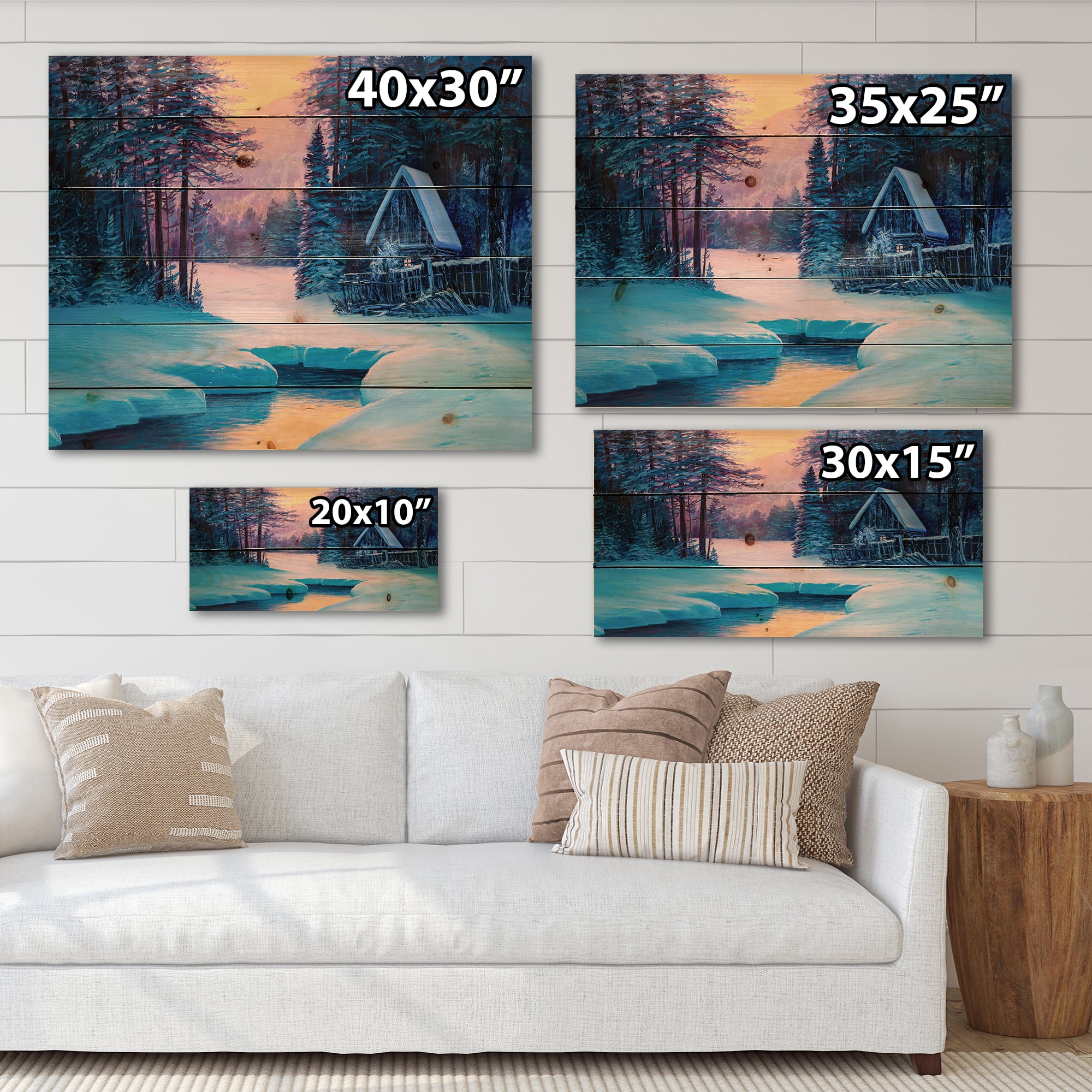 Designart 'The River House In The Woods and Winter Landscape II' Lake House Print on Natural Pine Wood