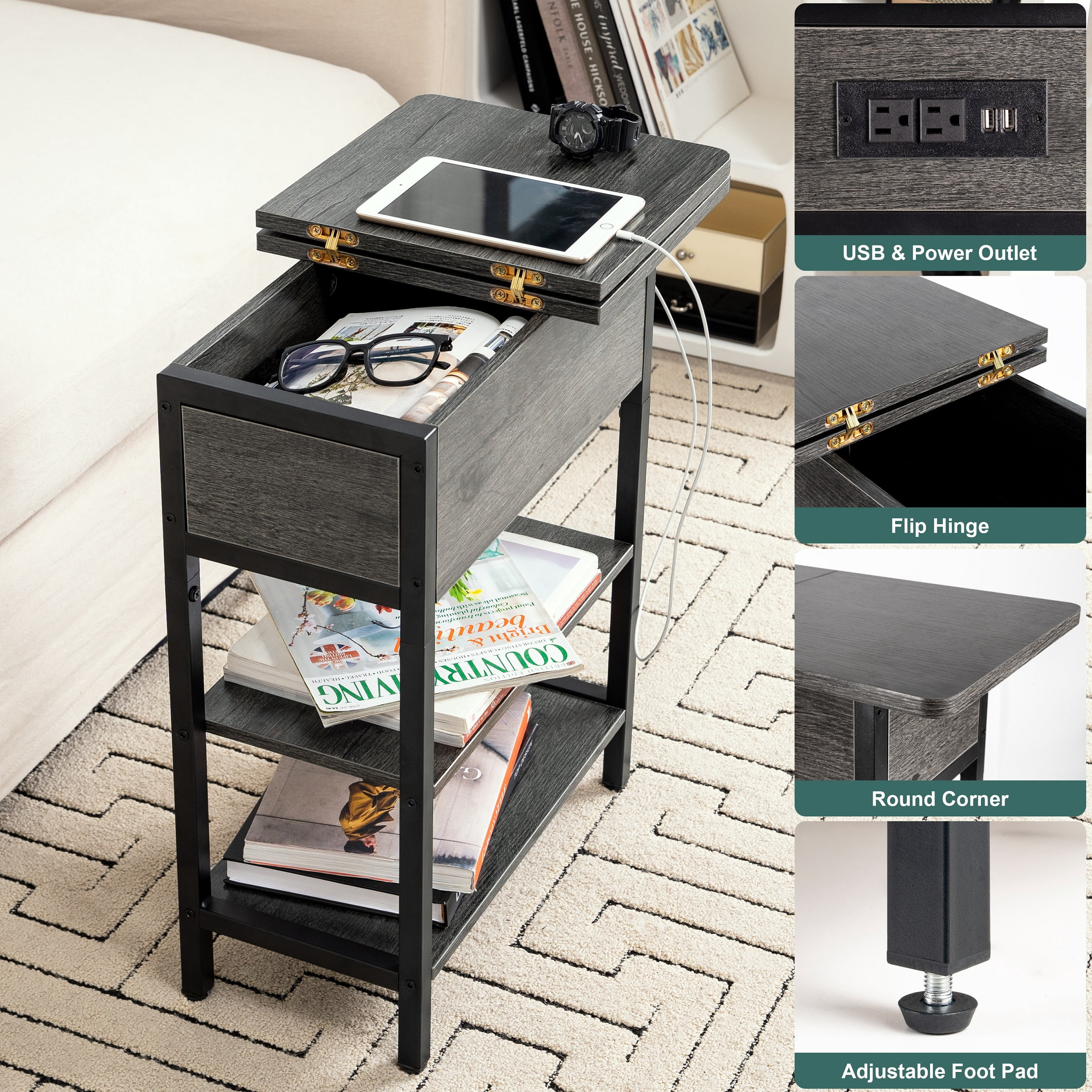 End Table with Charging Station, Flip Top Side Table with USB Ports and Outlets,Small Table Bedside Tables with Storage Shelf for Living Room, Bedroom